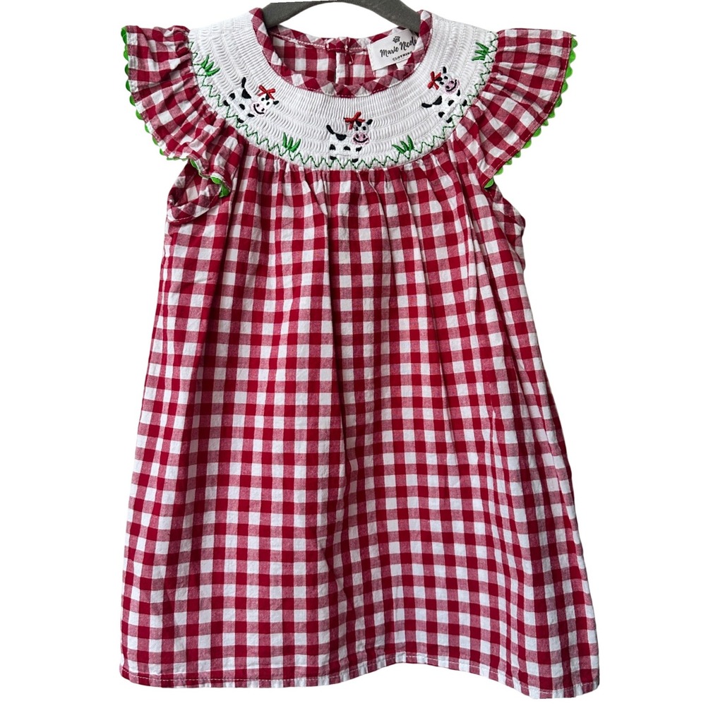 Marie Nicole Smocked Dress Toddler Girl Size Small Red Gingham Cow Farm Animal